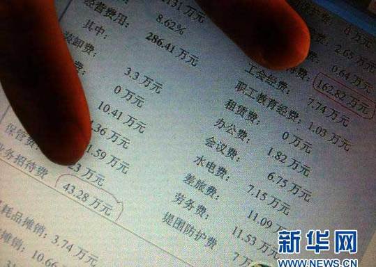 2011年1月13日 “最牛煙草局長”的家族聯(lián)絡(luò)圖網(wǎng)絡(luò)帖子上列出了汕尾煙草公司2010年3月的支出明細(xì)，其中當(dāng)月兩項(xiàng)業(yè)務(wù)招待費(fèi)合計(jì)為206．1萬元（2010年12月30日攝）。新華社記者 盧漢欣 攝