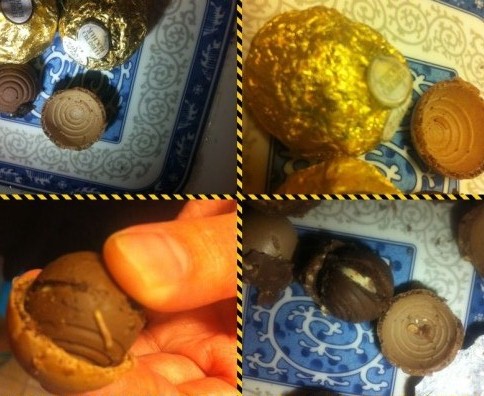 吳女士微博上發(fā)的帶有蛆蟲的巧克力。