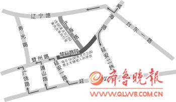 青島登州路禁行路段調(diào)流示意圖。