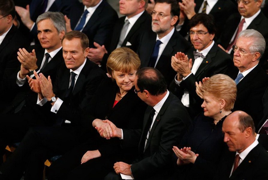 當地時間12月10日，2012年諾貝爾和平獎頒獎儀式在奧斯陸市政廳舉行。