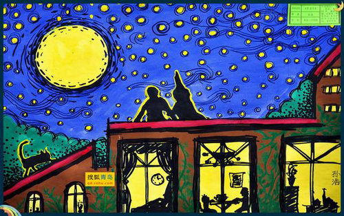 首屆青島自閉癥兒童繪畫展參展作品《望星空》，青島三江學(xué)校提供。