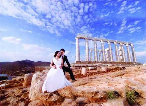 郭晶晶霍啟剛在希臘海神廟的婚紗照