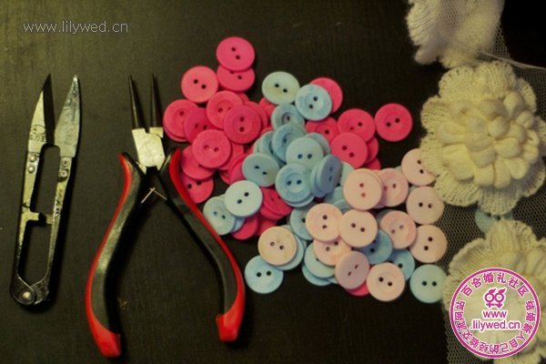 如圖所示：DIY手工紐扣手捧花需要的道具